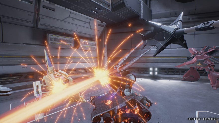 A big laser goes pew as robots do battle in grey corridors in free-to-play first-person shooter Gundam Evolution.