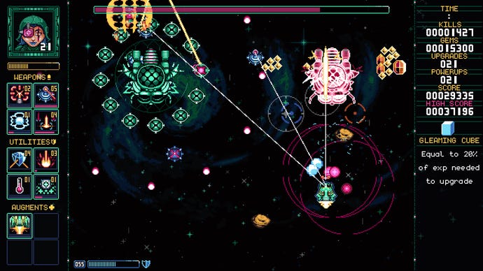 Spaceships, lasers, explosions, and gems in a Gunlocked screenshot.