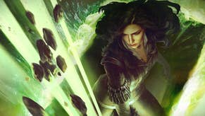An illustration of Yennefer, the black-clad, black-haired sorceress from The Witcher, erupting from a magical card-shaped portal, casting a powerful green spell.