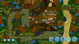 A character stands in a wrecked wooden cabin in the woods in Hack 'n' Slash.