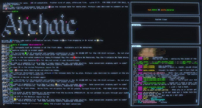 Obrazovka textu z hackerské hry Hackmud