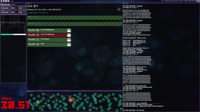 एक कंप्यूटर स्क्रीन हैकिंग गेम हैकनेट में अलग -अलग उपलब्ध पोर्ट दिखाती है
