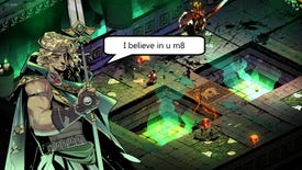 Achilles holds a large sword spear and speaks to the player in Hades