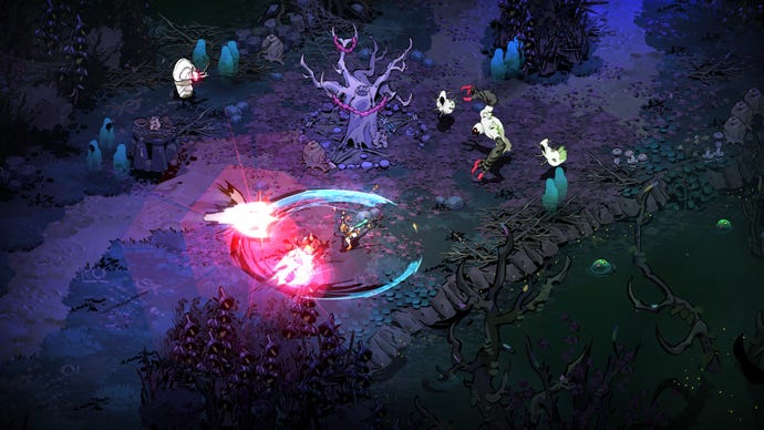 A combat scene from Hades 2 shows Melinoë battling several undead enemies as more approach, against a vivid purple background of dead trees, spectral onlookers, and an ominously oozing green river.