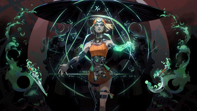 Melinoë, the protagonist of Hades 2. A woman with short blonde hair and extremely pale skin, mismatched eyes, and one arm that glows an ethereal green, she's wearing a short orange tunic dress and other bits of vaguely Greek-looking decorations and adornments. In the background float mystical symbols, and glowing weapons hover near to her hands, which are outstretched.