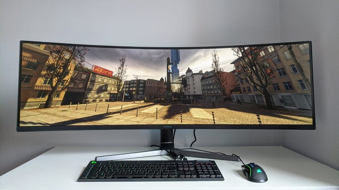 A photo of an ultrawide gaming monitor running Half-Life 2