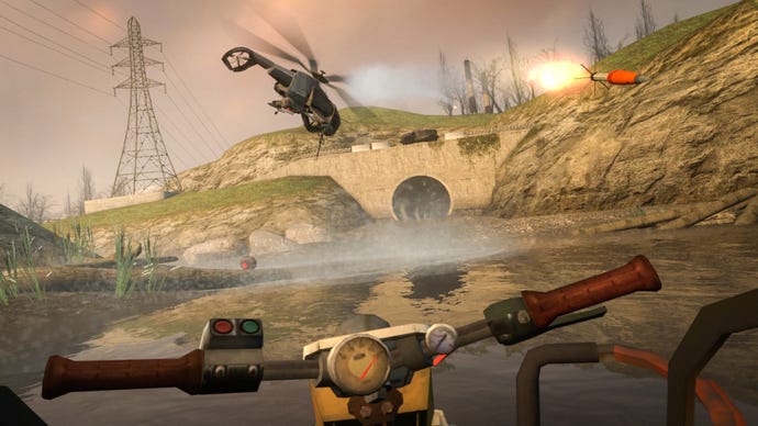From behind the controls of an airboat, the player watches a helicopter drop bombs into a canal