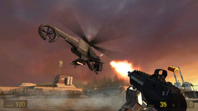 An image from Half Life 2 which shows the player firing an SMG at a helicopter flying over a lake.