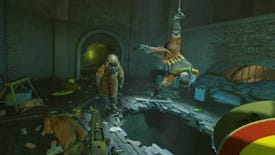 A Combine in an orange suit hangs from the ceiling over a hole in the floor while another approaches with a head crab attached in Half-Life: Alyx