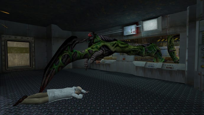 A scientist gets got by the tentacle monster in Half-Life's Blast Pit.
