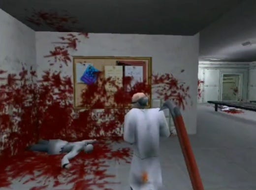 A rejected Half-Life mockup image shared by former designer Brett Johnson. Gordon carries a crowbar while chasing a scientist through the locker rooms. There's a dead scientist lying on the ground and a lot of blood splattered on the floor and walls.