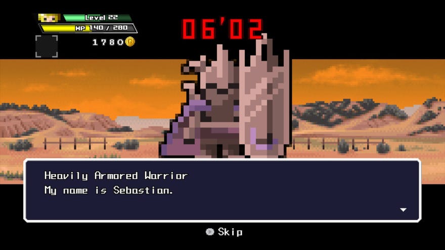 A screen from Half Minute Hero. The text says 'Heavily armed warrior, my name is Sebastian'.