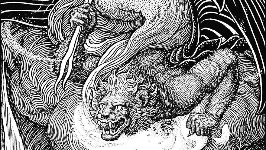 A black and white illustration of a griffin gargoyle creature