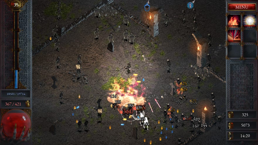 Smashing skeletons in a Halls Of Torment screenshot.