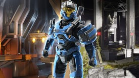 A Halo Infinite spartan stands between two screenshots of new maps coming to the game, one with angular indoor geometry and one with grassy outdoor spaces.