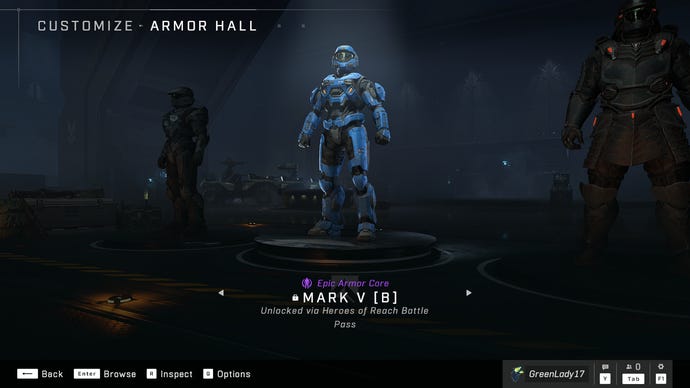 The Armor Hall from Halo Infinite, with the Mark V (B) Armor in the spotlight.