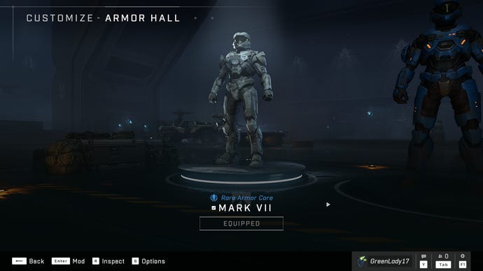The Armor Hall from Halo Infinite, with the Mark VII Armor in the spotlight.