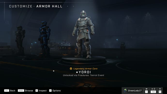 The Armor Hall from Halo Infinite, with the Yoroi Armor in the spotlight.