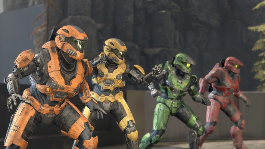 Four spartans line up to kick some butt in multiplayer in Halo Infinite