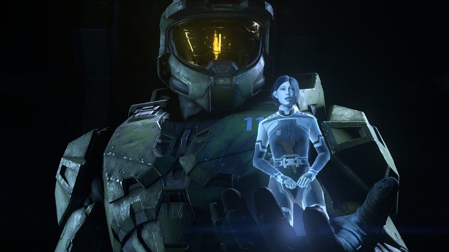 Master Chief holds a blue Cortana hologram in Halo Infinite