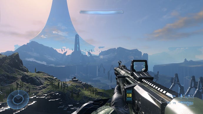 The player looks out at the Halo in Halo Infinite
