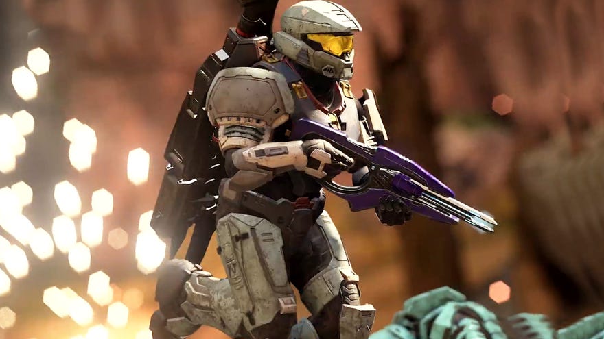 A player in Halo Infinite multiplayer running from an explosion while holding a gun in their hands