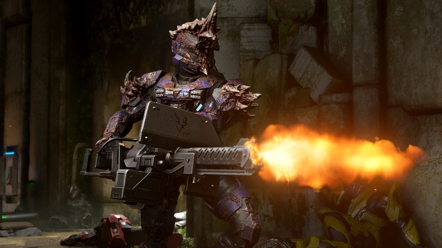 A simple worn goopy Flood armour blasts away with a minigun while dead spartans lay in the background