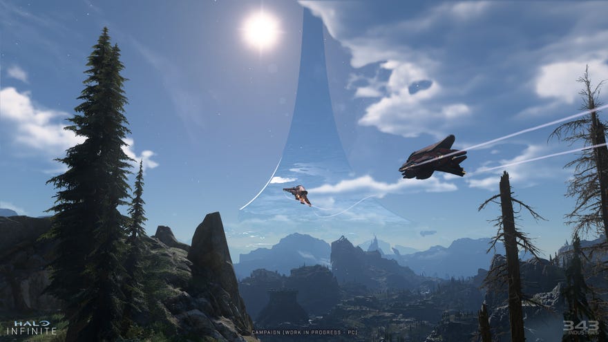 A scenic view of aerial vehicles flying above an alien planet, with a Halo Array visible in the sky.
