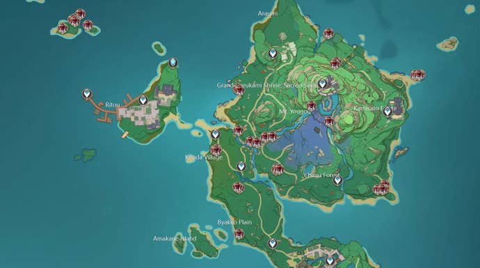 Genshin Handguard स्थान: एक नक्शा नरुकामी द्वीप की संपूर्णता को दर्शाता है, जिसमें लाल आइकन का संकेत मिलता है कि नोबुशी को कहां ढूंढना है, मुख्य रूप से माउंट Yougou के आसपास।