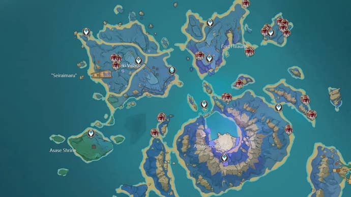 Genshin Handguard locations: A map shows the entirety of Seirai Island, with red icons indicating where to find Nobushi