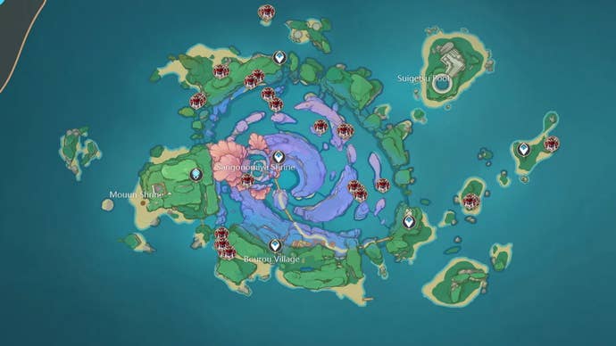 Emplacements de Genshin Hand Guard: Une carte montre l'intégralité de l'île de Watatsumi, avec des icônes rouges indiquant où trouver le nobushi, principalement autour de l'allumage central
