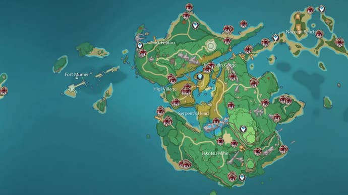 Genshin Handguard स्थान: एक नक्शा यशियोरी द्वीप की संपूर्णता को दर्शाता है, जिसमें लाल आइकन का संकेत मिलता है कि नोबुशी को कहां ढूंढना है, मुख्य रूप से द्वीप के उत्तरी भाग में और पूर्वोत्तर सटे समुद्र तट