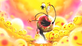Happy Game - At the center of a psychedelic pink and yellow room full of smiley faces a smiley face monster with a bloody lips and long arms coming out of its mouth and eye sockets holds a small boy and a toy bunny above its gaping, horrible mouth.