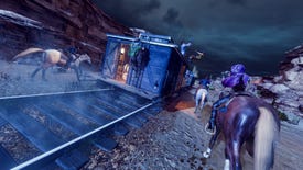 A screenshot of Hard West 2 showing some cowboys on horses chasing after a train at night.