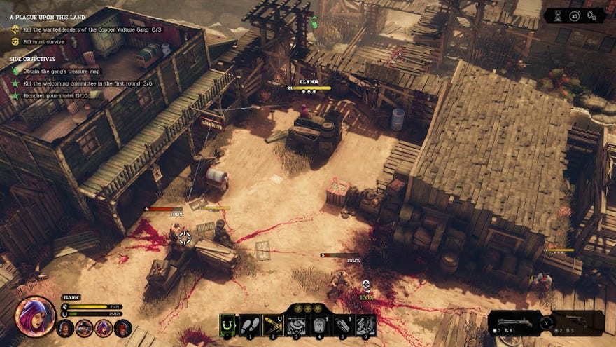 A cowboy ricochets a bullet off a sign to kill an enemy in cover in Hard West 2
