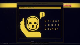 A message on the black and yellow HUD of Hardspace: Shipbreaker saying that UNIONS CAUSE DISUNION
