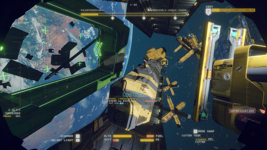 A view of a spaceship, floating in orbit, mid-breakdown in Hardspace: Shipbreaker