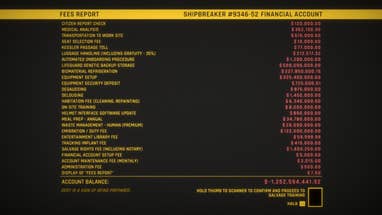 A breakdown of your $1,252,594,441.92 debt in a Hardspace: Shipbreaker screenshot.