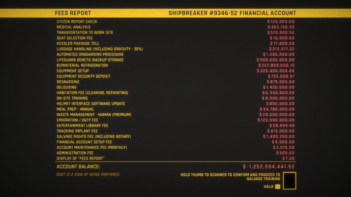 A breakdown of your $1,252,594,441.92 debt in a Hardspace: Shipbreaker screenshot.