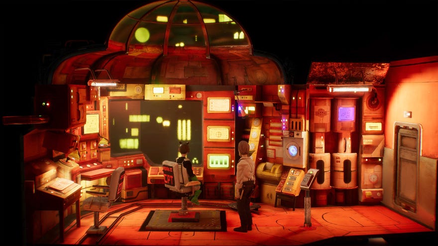 Harold Halibut - Two clay characters stand at the center of a handmade space ship control room set looking at a large wall monitor surrounded by control dash lights.