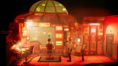 Harold Halibut official screenshot showing Harold and an NPC in a glowing red control room