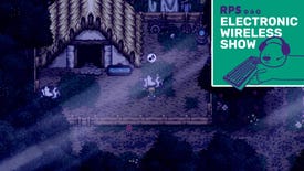 A nighttime scene in Harvest Island, showing the player character milking a cow while his sister watches from behind the fence. The EWS podcast logo square is in the top right corner
