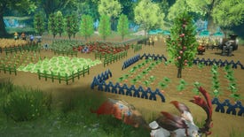 Colourful crops, including tomatoes and apples, in a 3D field in Harvestella.