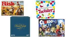 The Box art of the board games Risk, Twister, Trivial Pursuit, and Cludeo