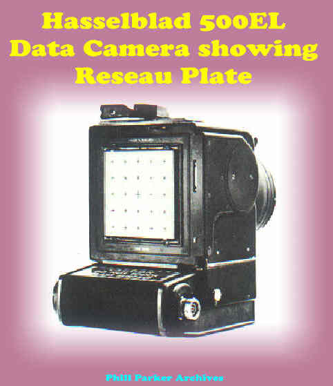 A picture of a black, boxy Hasselblad camera with a Réseau plate fitted, superimposed on a pink retro background.