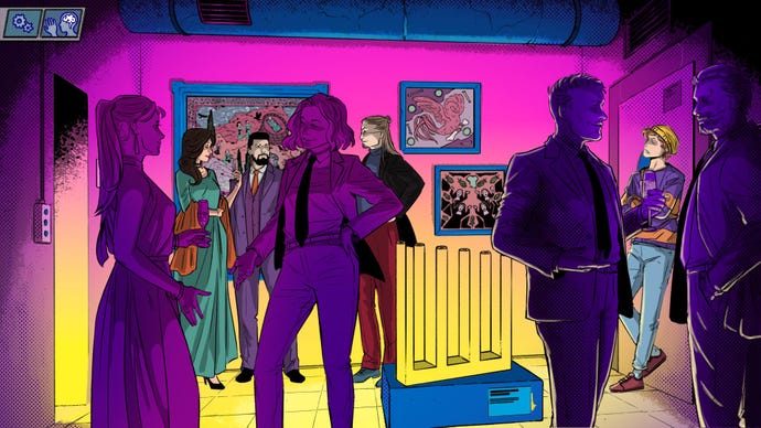 Patrons of an art exhibit stand around looking at paintings and sculptures, in a static scene from Hauma
