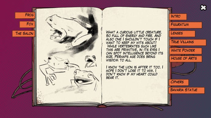 Juliet's grandfather's journal, with handwritten notes on a man nicknamed The Frog, in a screenshot from Hauma