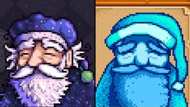 Haunted Chocolatier's mysterious anonymous character next to Stardew Valley's Grandpa