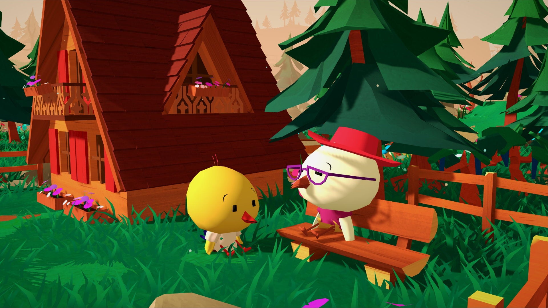 Two birds sit on a bench in a forest scene in Haven Park