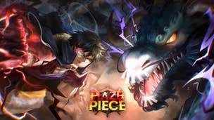 Artwork for the Roblox game Haze Piece, showing a Robloxified anime character facing off against a dragon.